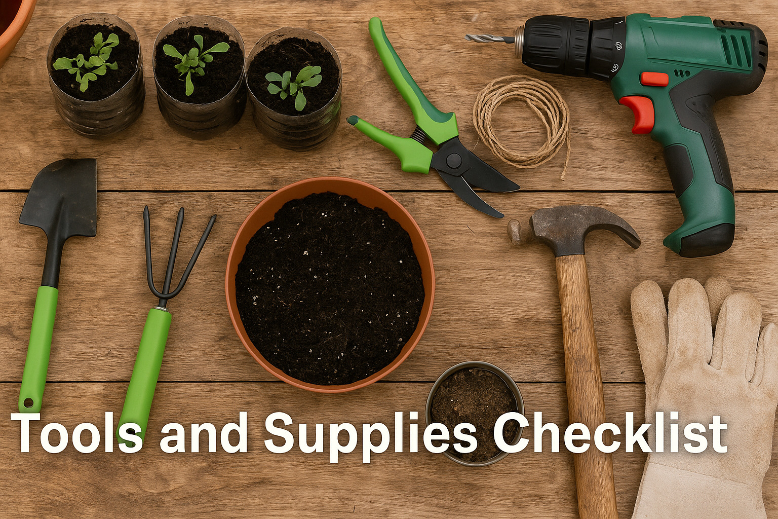 Tools and Supplies Checklist for DIY Vertical Garden: Gardening Gloves, Drill, Hammer, Twine, Pruning Shears, Hand Tools, and Recycled Planters Organized on Wooden Surface